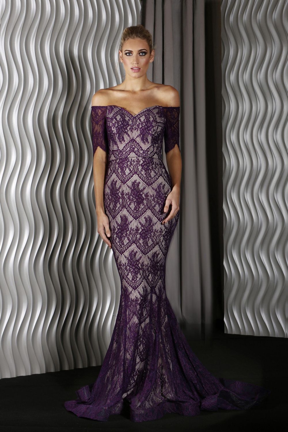 Jadore | J9058 Lace Off Shoulder Gown Purple/Nude