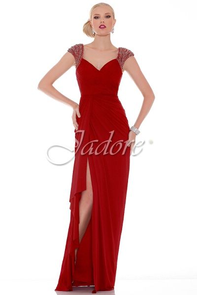 Beaded Cap Sleeve Ruched  Red Gown -  size 6