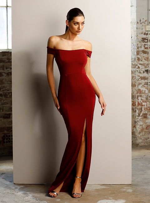s10Wine Sateen Off Shoulder Split Gown