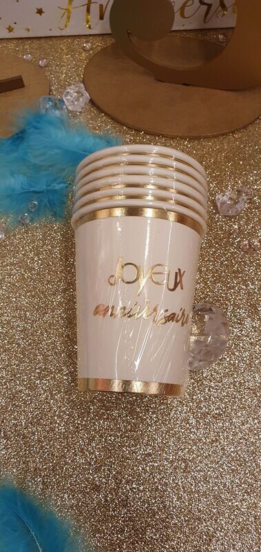 Gobelet blanc joyeux anniversaire or X 6