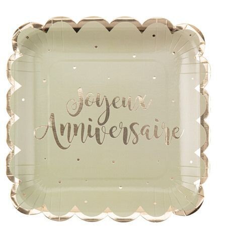Assiette carre 23cm vert sauge joyeux anniversaire pois or x8