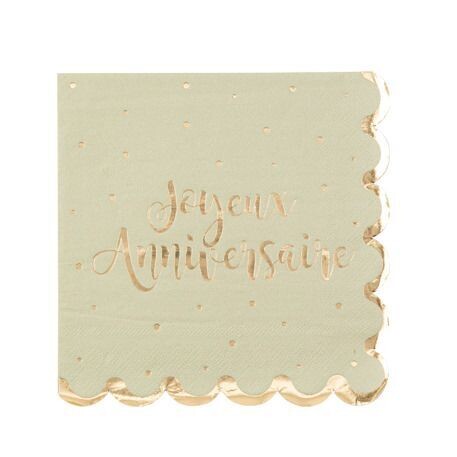 Serviette vert sauge 33cm joyeux anniversaire doré x 16