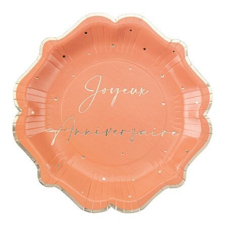 assiette ronde 23cm terracotta joyeux anniversaire doré x 8