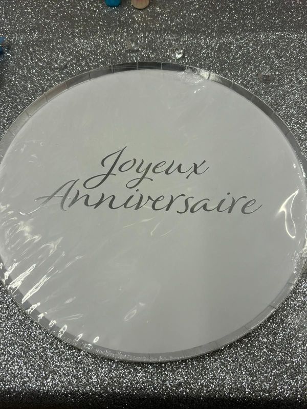 Assiette blanche 22cm joyeux anniversaire argent X8