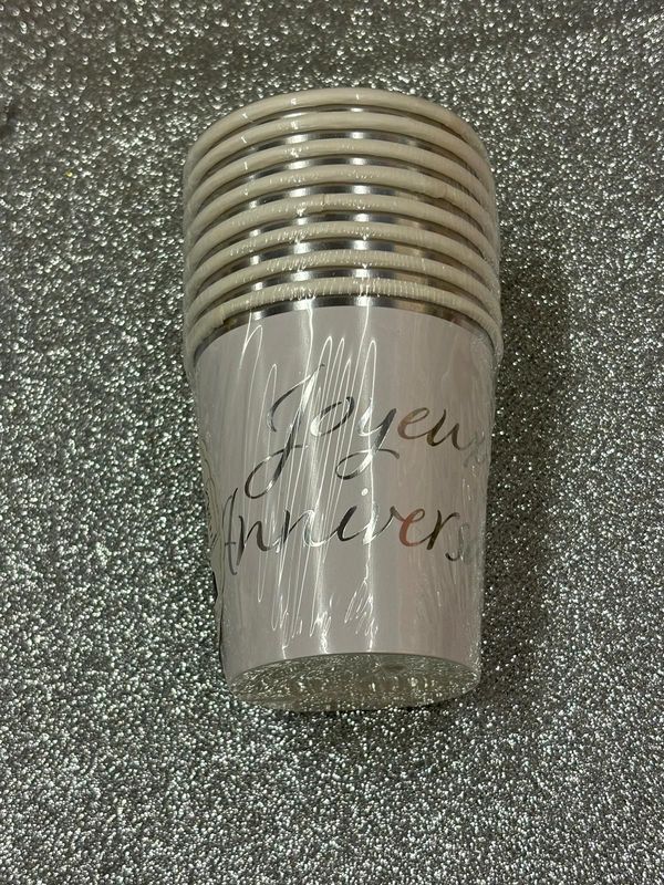 Gobelet 200ml joyeux anniversaire argent X8