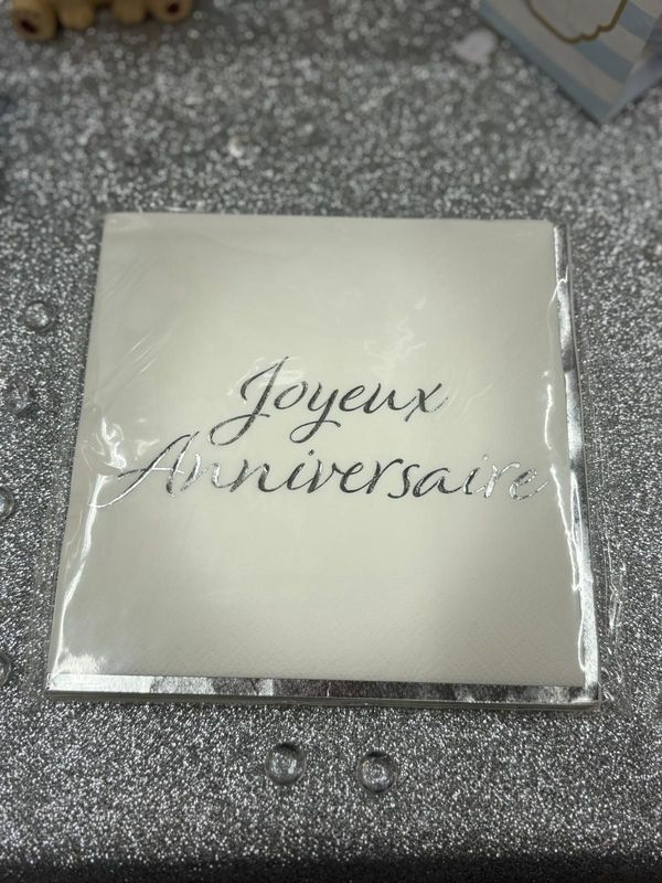 Serviette blanche 33cm joyeux anniversaire argent X8