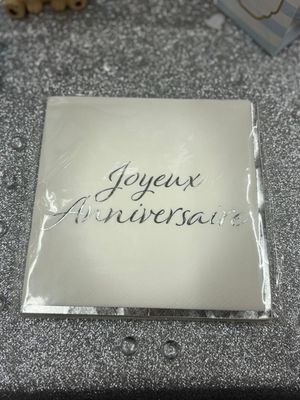 Serviette blanche 33cm joyeux anniversaire argent X8
