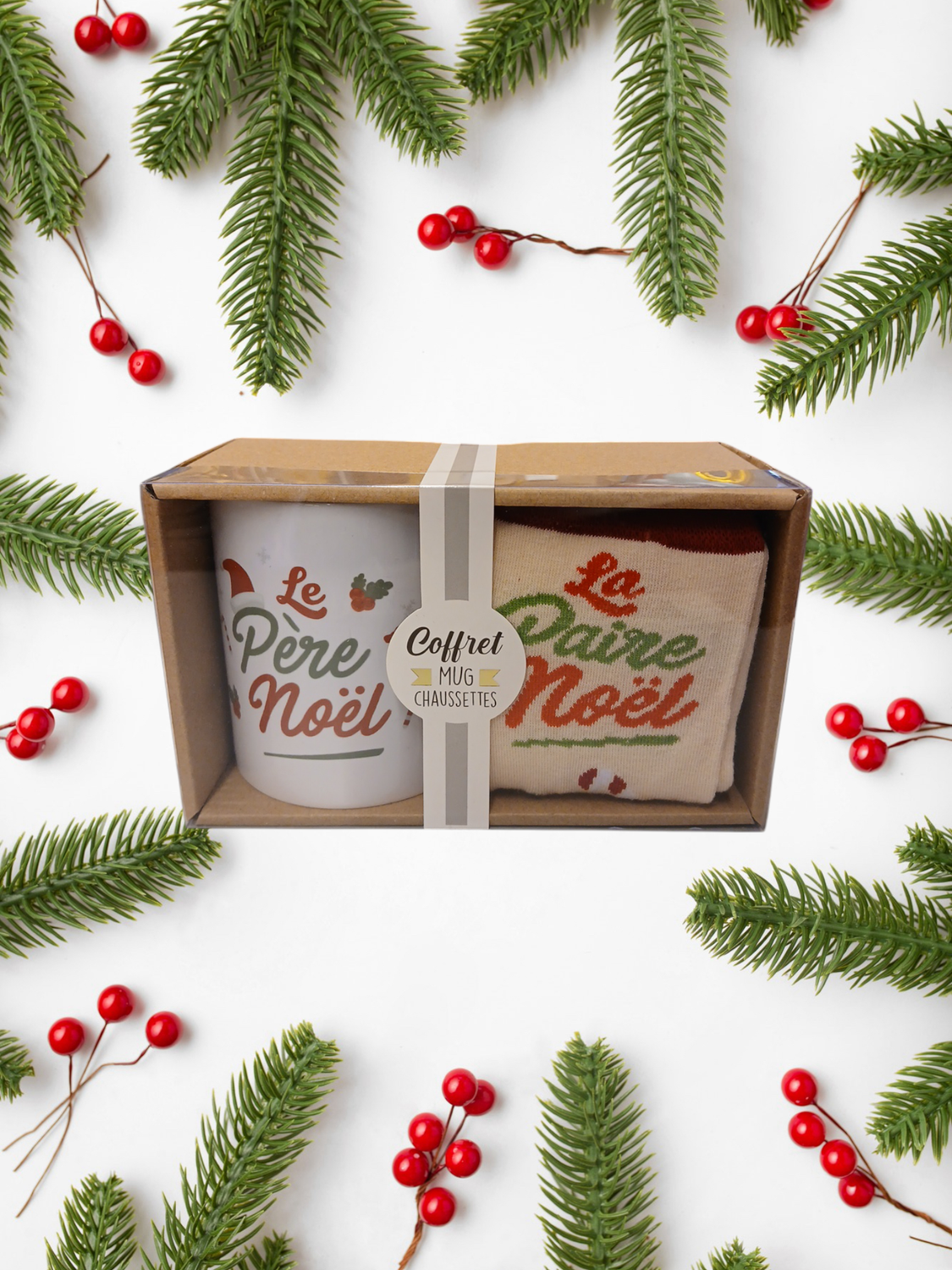 Coffret mug et chaussette La paire Noël beige