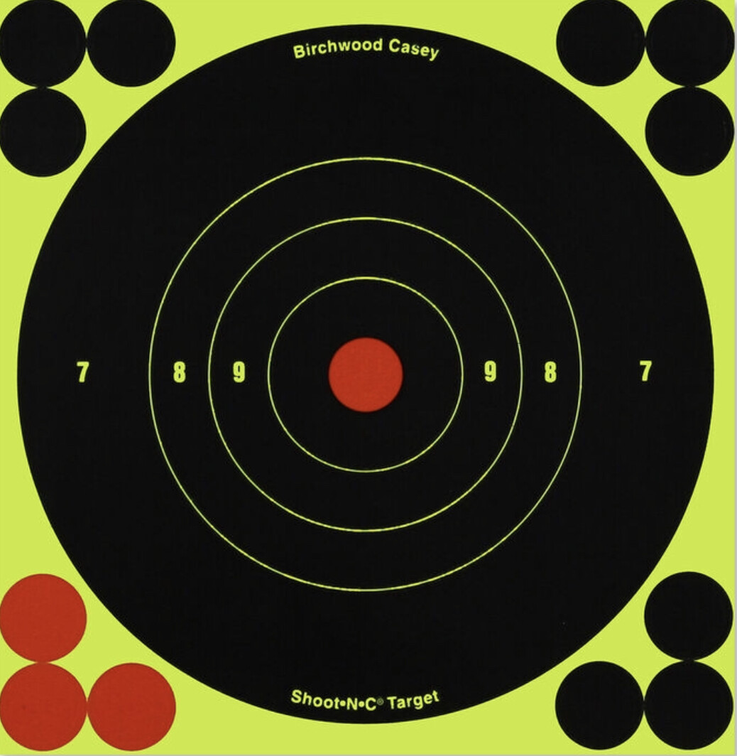 Birchwood Casey Shoot-N-C 6&quot; Bull&#39;s Eye Self-adhesive Reactive Paper Target Indoor/Outdoor Repair Pasters 10 Pack
