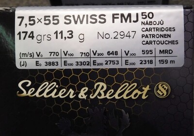 SELLIER &amp; BELLOT cal.7.5x55 Swiss FMJ Box of 50 Rounds