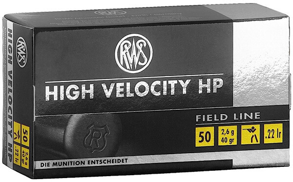 RWS High Velocity Rimfire Ammunition .22 Long Rifle, Lead Hollow Point (HP), 40 GR, 1263 fps, 50 Rd/bx