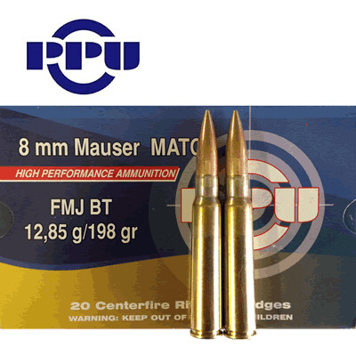 PPU 8mm Mauser FMJ BT Match 198gr Rifle Ammunition box of 20 rounds