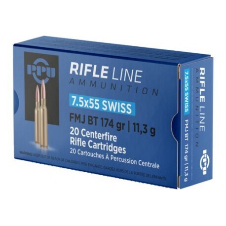 7.5x55 Swiss FMJ BT 174gr PPU Rifle Ammunition Pack Of 20