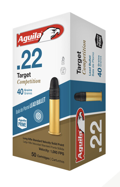 AGUILA AMMUNITION
22 LR TARGET COMPETITION LEAD SOLID POINT
40 GRAIN, Box 50 Rounds