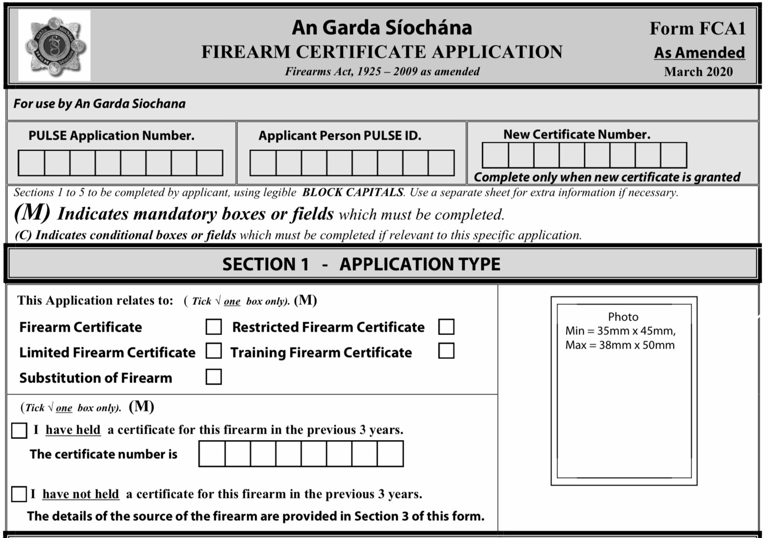 Firearms Application for License  FCA1 download