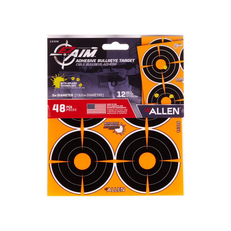 EZ Aim® Adhesive Splash Reactive Paper Shooting Targets, 3" Bullseye, 4 Targets Per Sheet, 12-Sheets, Black/Orange