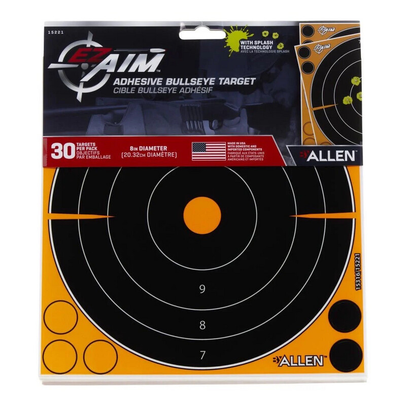 EZ Aim® Adhesive Splash Reactive Paper Shooting Targets, Bullseye, 8" 30-Pack, Black/Orange