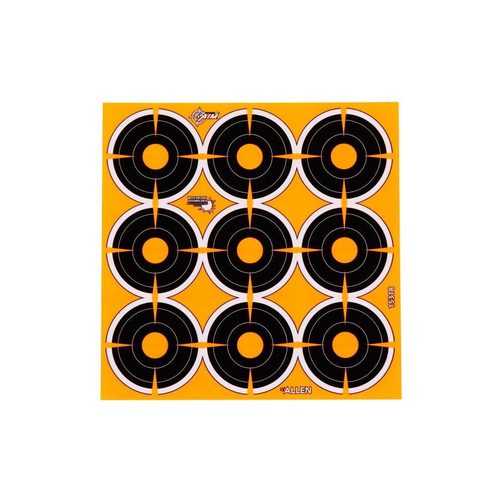 EZ Aim® Adhesive Splash Reactive Paper Shooting Targets, 2&quot; Bullseye, 9 Targets Per Sheet, 12-Sheets, Black/Orange