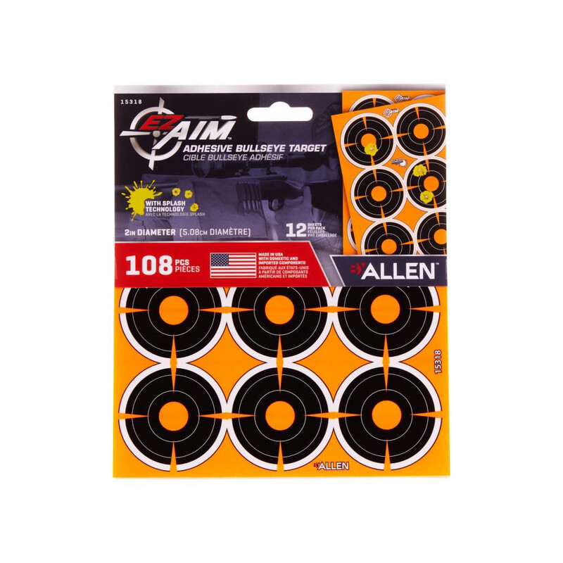 EZ Aim® Adhesive Splash Reactive Paper Shooting Targets, 2" Bullseye, 9 Targets Per Sheet, 12-Sheets, Black/Orange