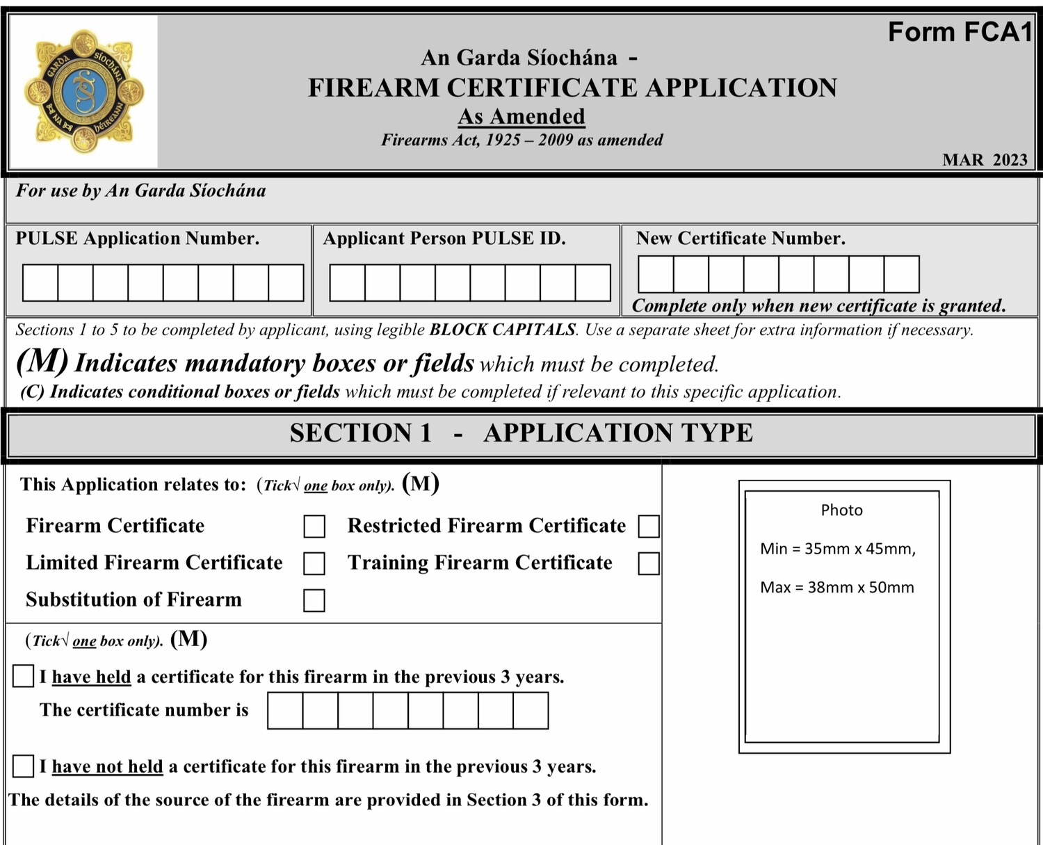 Firearms Application for License  FCA1 download March  2023