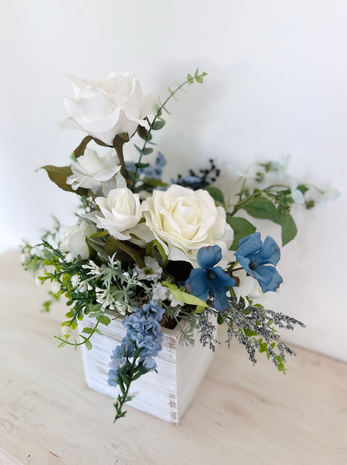 Little Touch of Blue Pillar Wood Centerpiece (Rental)