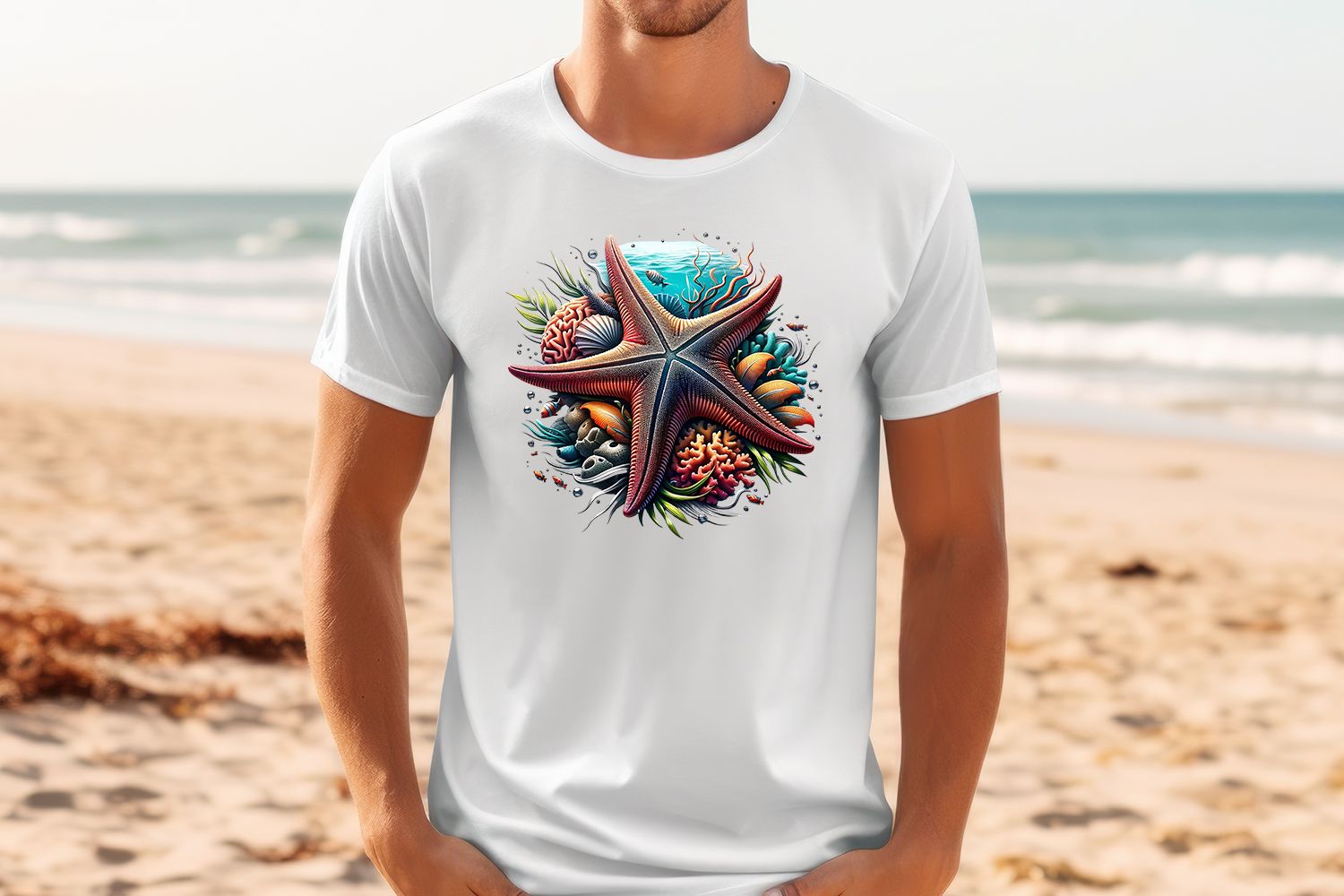 Colorful Starfish front design on a soft Premium T-shirt - Sea Life Outfitters.