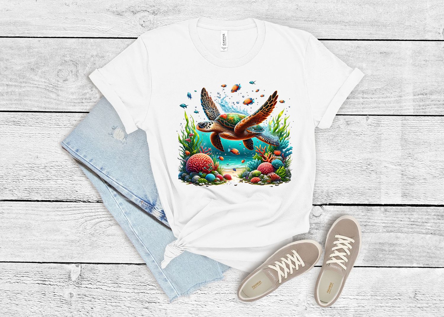 Ocean Vibes Sea Turtle Tee by an ocean reef. A perfect gift for outdoor and sea life lovers - Sea Life Outfitters