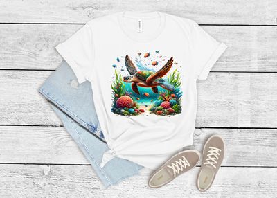 Ocean Vibes Sea Turtle Tee by an ocean reef. A perfect gift for outdoor and sea life lovers - Sea Life Outfitters