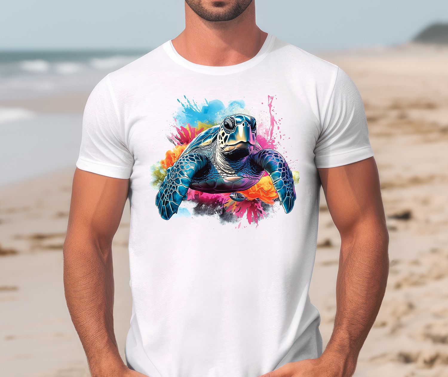 Vibrant Sea Turtle Tee with colorful watercolor background. A perfect gift for outdoor and sea life lovers - Sea Life Outfitters