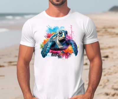 Vibrant Sea Turtle Tee with colorful watercolor background. A perfect gift for outdoor and sea life lovers - Sea Life Outfitters