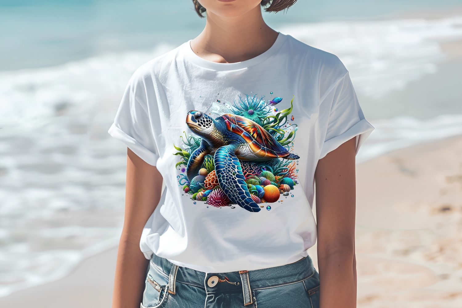 Majestic Sea Turtle Tee featuring a coral reef design: the ideal present for sea life enthusiasts. Sea Life Outfitters.