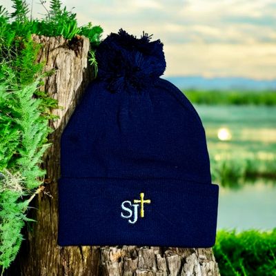 Navy Beanie with White/Gold Logo-With Pom