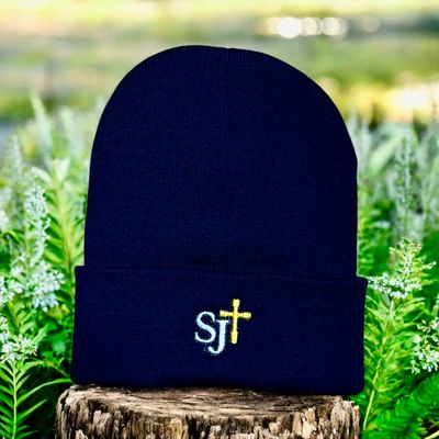 Navy Beanie with White/Gold Logo-No Pom
