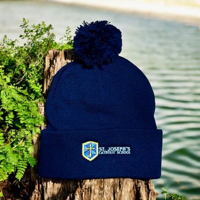 Navy Beanie with Blue Shield Logo-With Pom