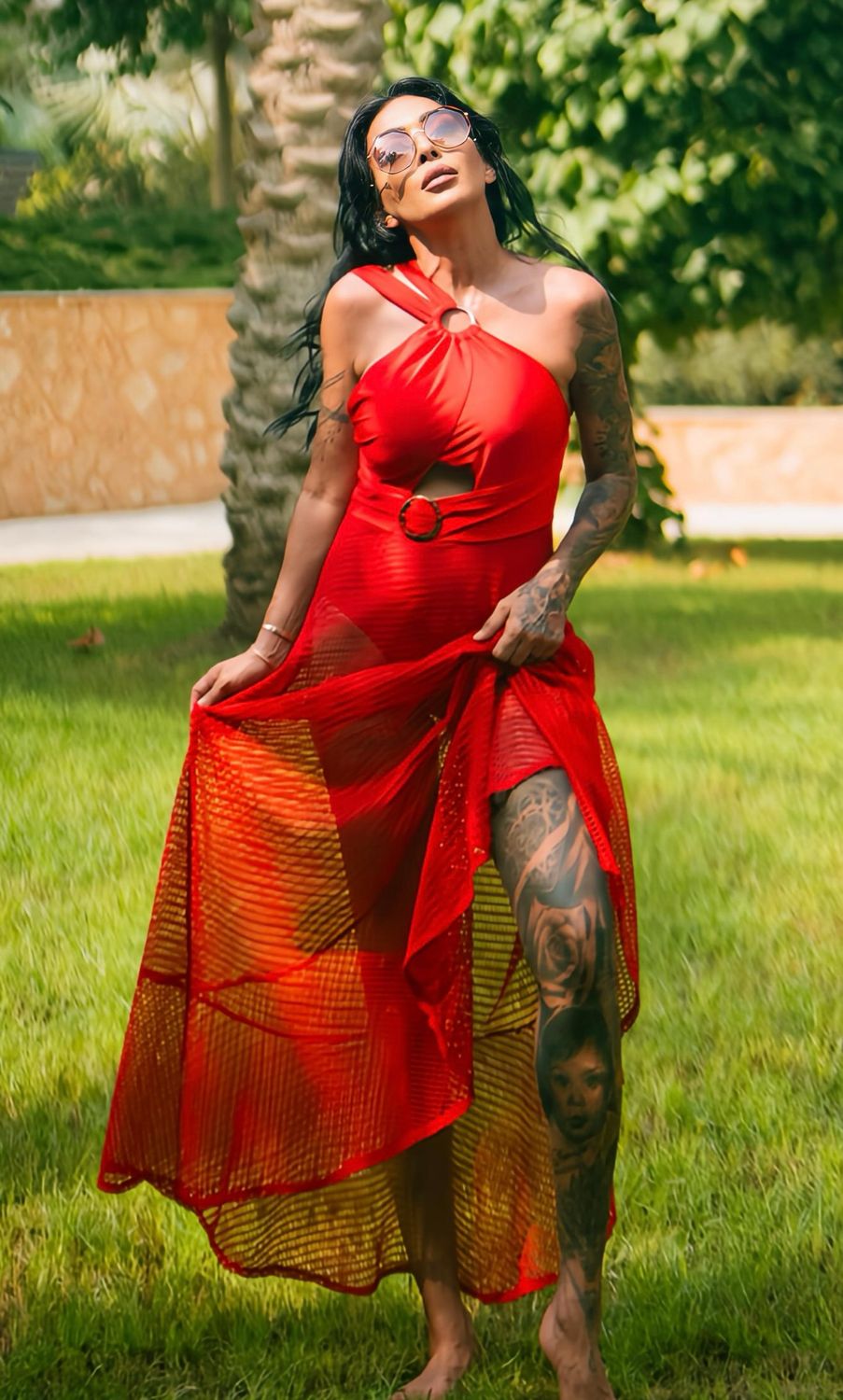 Red Beach Dress with Mesh Skirt