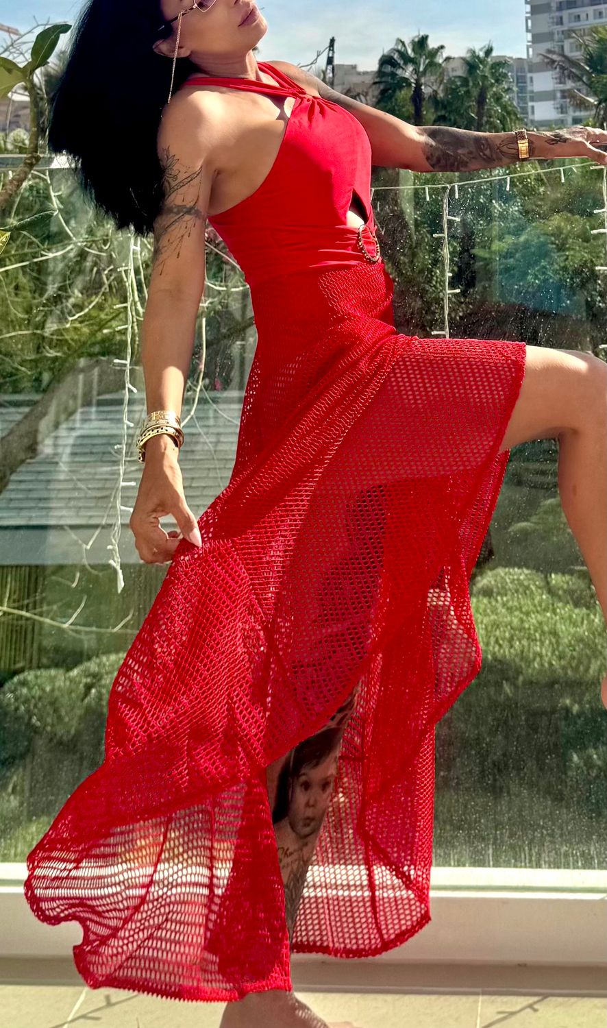 Red Beach Dress with Mesh Skirt