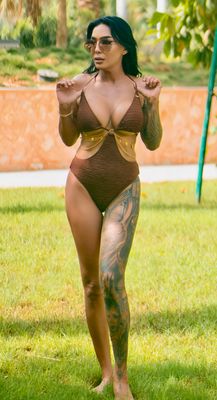 Brown Cut-Out Swimsuit with Gold Chain