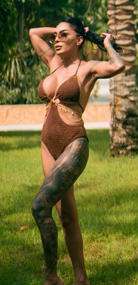 Brown Cut-Out Swimsuit with Gold Chain