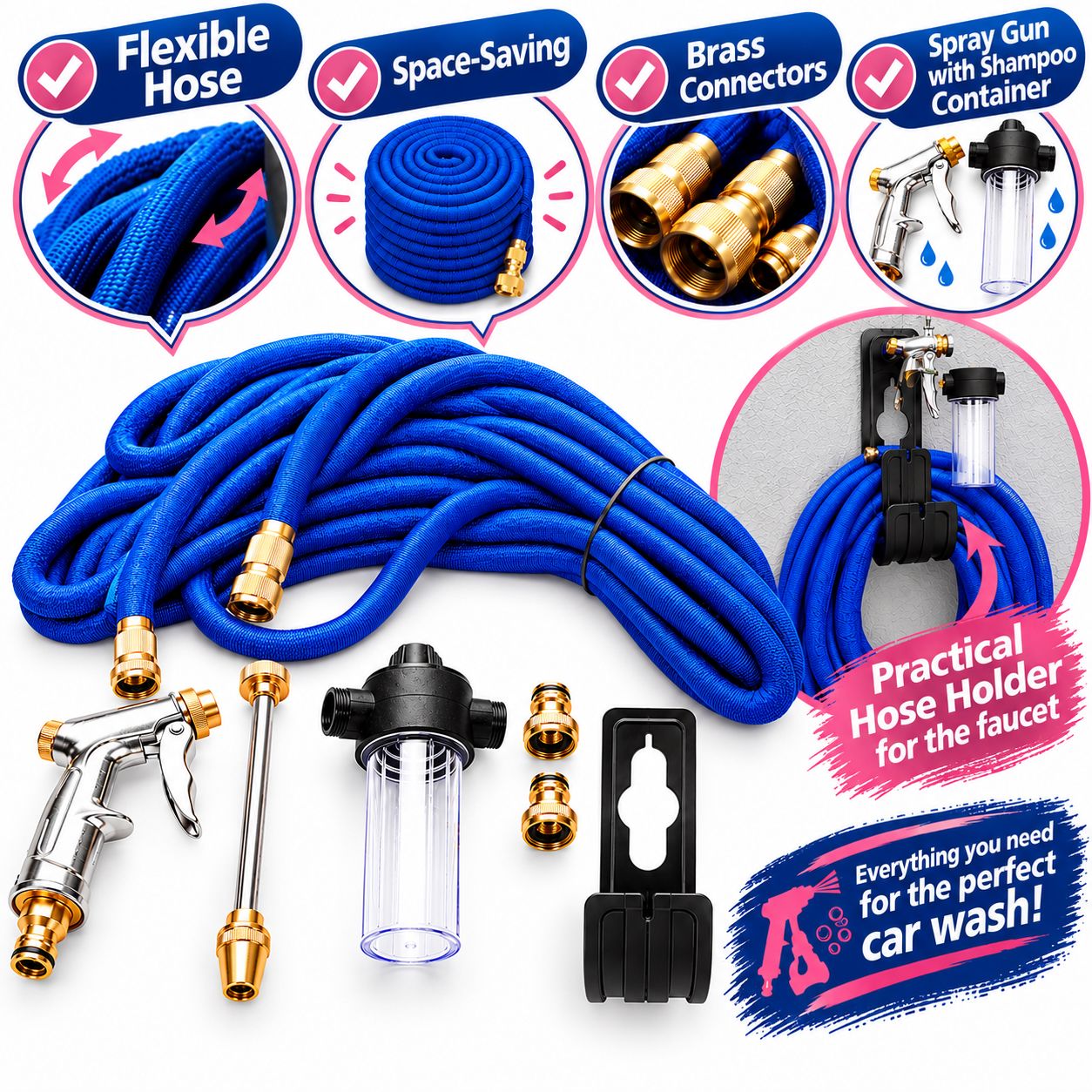 Flexible Garden Hose &amp; Foam Sprayer Set with Brass Connectors