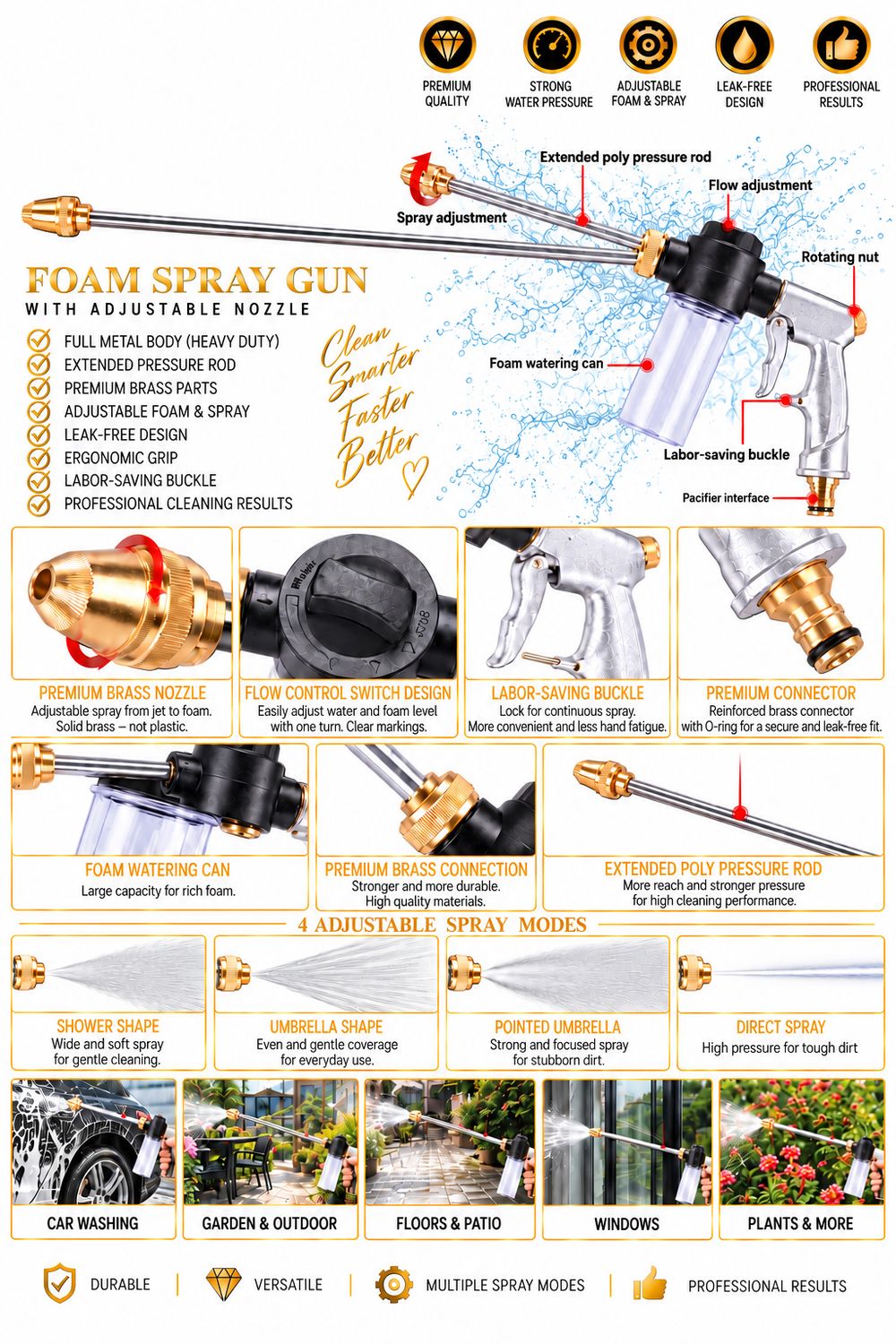 Flexible Garden Hose &amp; Foam Sprayer Set with Brass Connectors