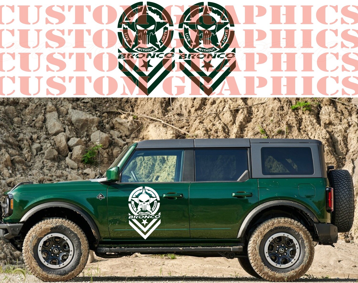 2x Vinyl Decal Custom Stickers Graphic kit Compatible with Bronco 4 doors 4x4 Off road