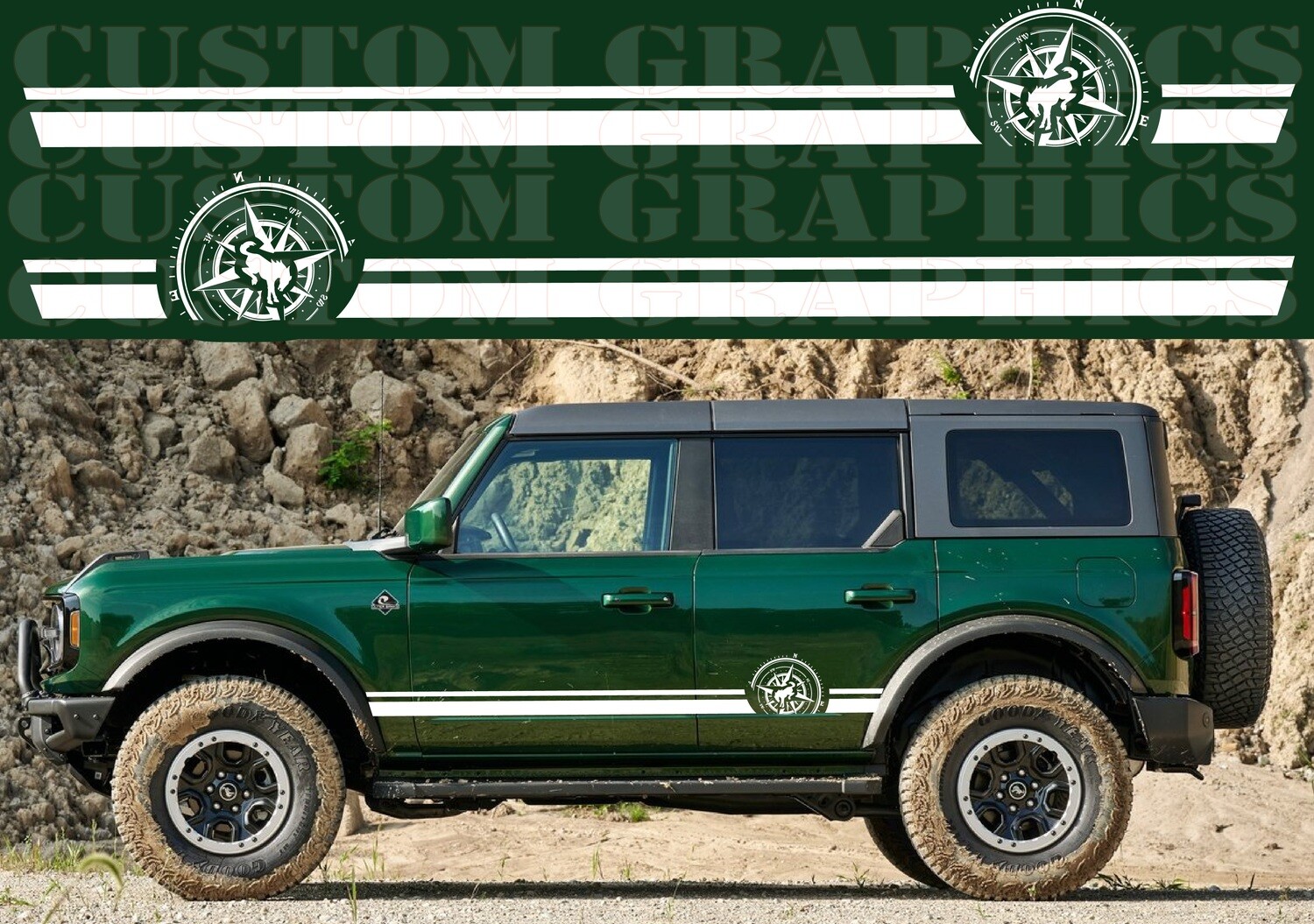 Compass Design Sticker Decal Side Door Stripes Compatible with Bronco 4 doors 4x4