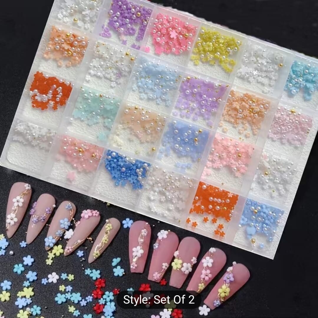 3D Flowers Nails Decorations With Pearls.