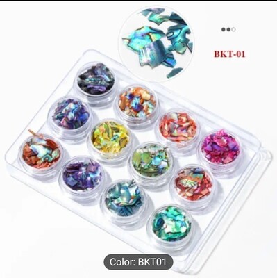 Nail Art Shell Slices, 12 Boxes Colorful Irregular 3D Nail Abalone Slices Nail Art . 12 Hộp xà cừ dùng để đắp  ẩn xà cừ móng tay nghệ thuật.