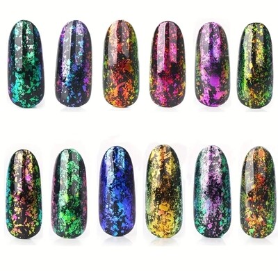 Set 12 màu vảy chrome flake. Chà trên nền nails.  Ánh kim, sáng bóng hiệu ứng tắc kè bông