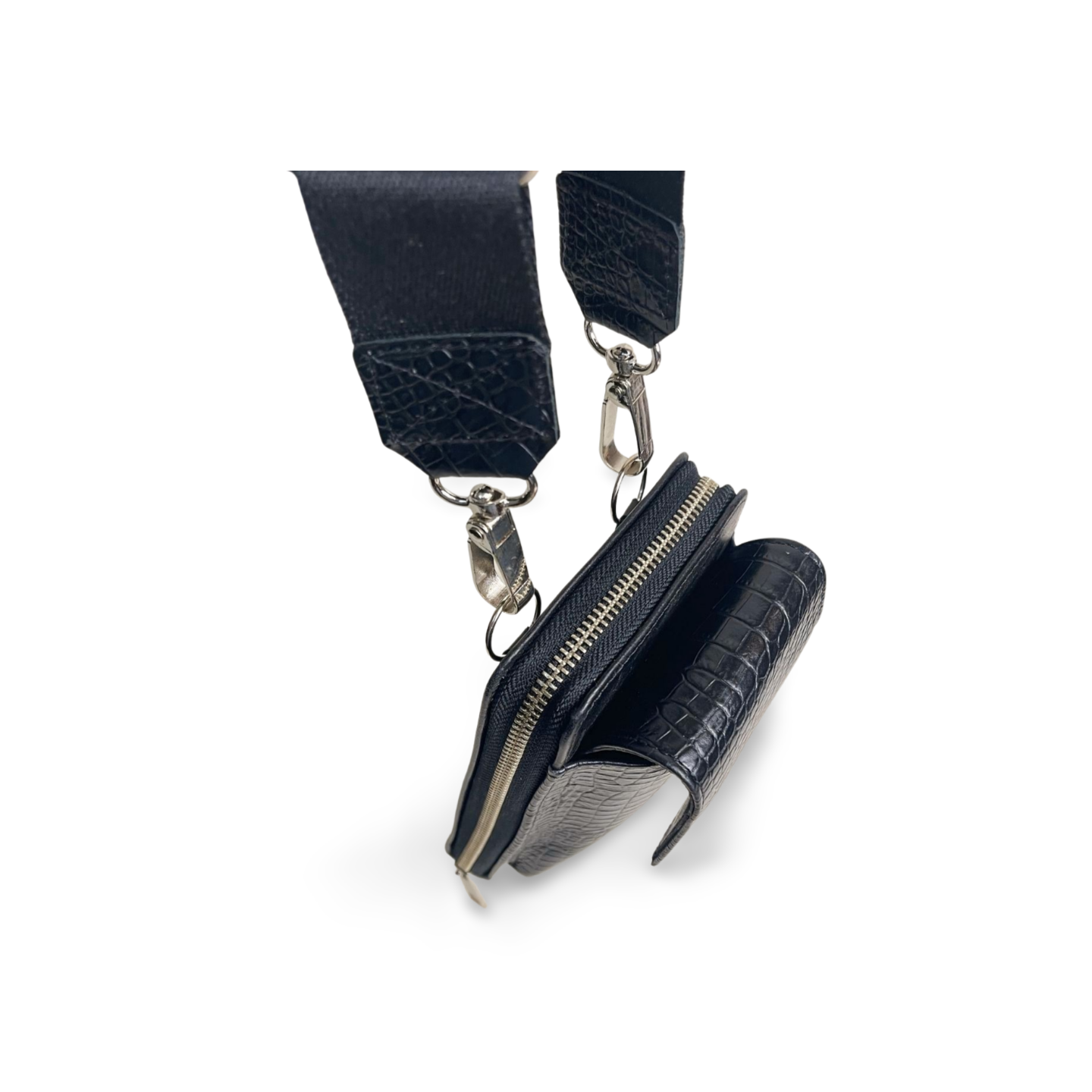 Bandolera Croco Negra porta celular – Estilo, orden y cuero que impone