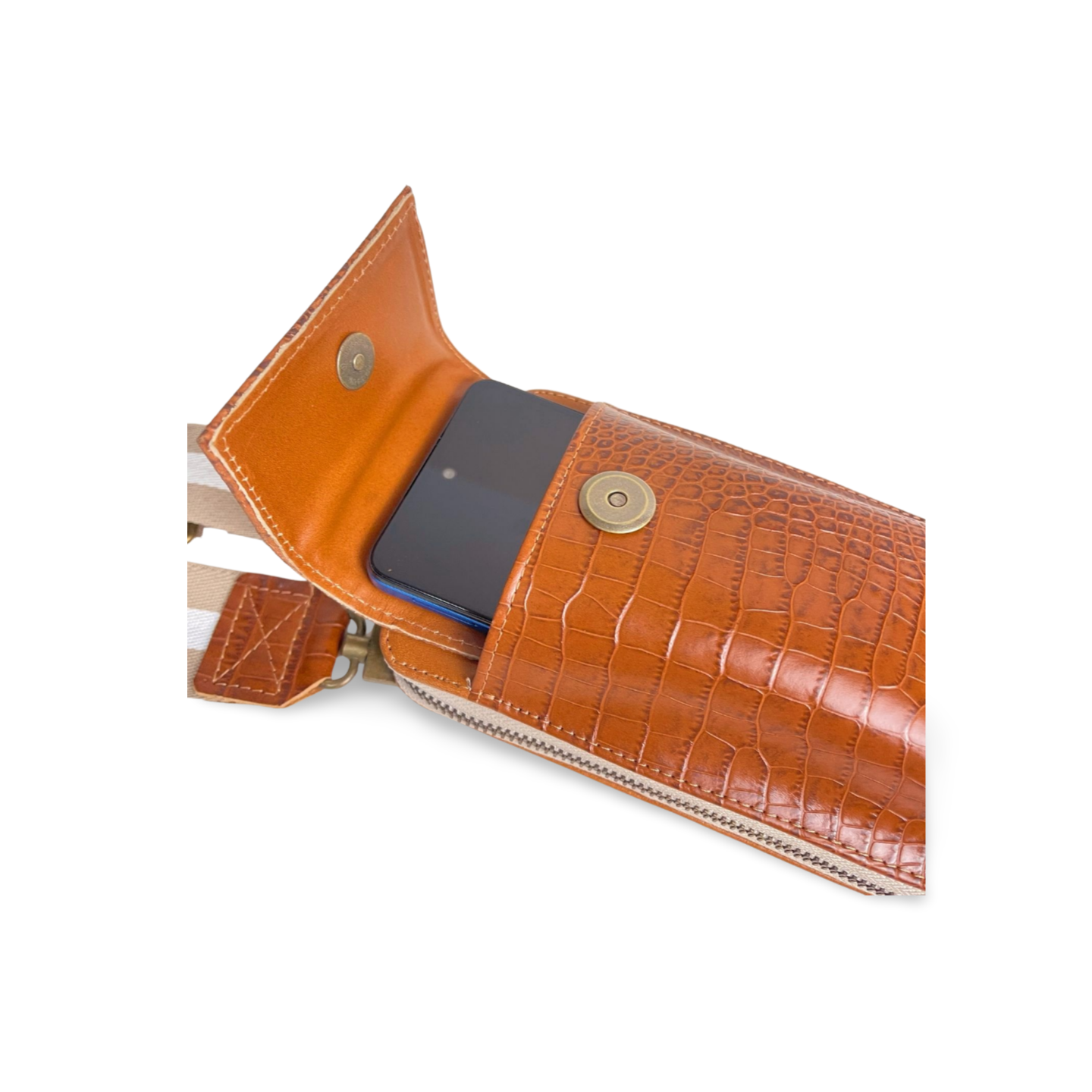 Bandolera Croco Marrón – Porta Celular, con cierre y tarjetero