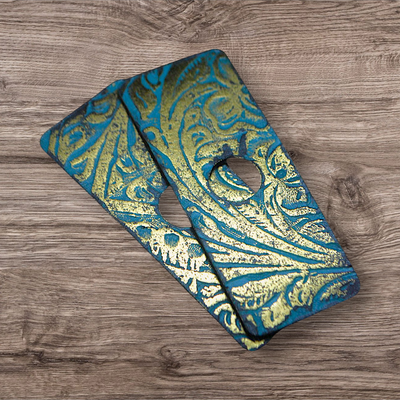 No. 41 – Gold Filigree/Teal Reflective Leathers