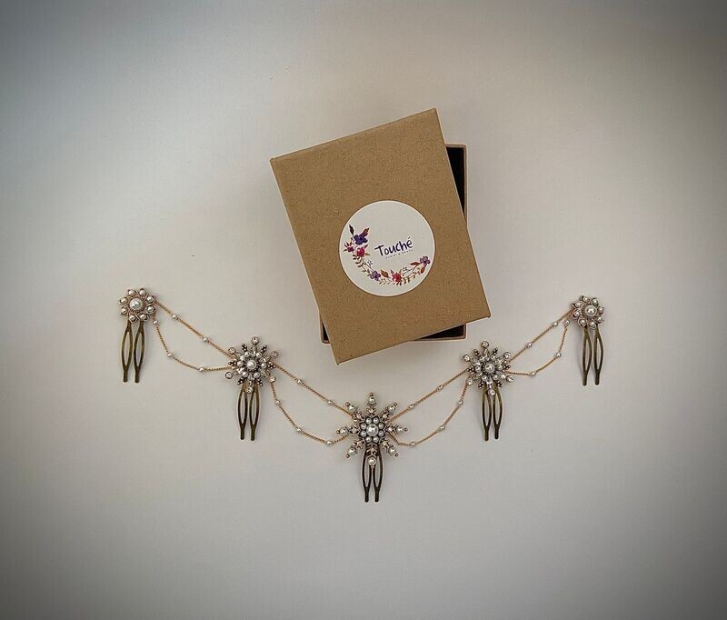 Tocado encadenado compuesto de 5 estrellas de 3,5 cm (L), 3 cm (M) y 2 cm (S) unidas por dos cadenas con perlitas de unos 3 mm. Dependiendo de la colocación en el peinado, su tamaño puede variar entre 24 cm y 30 cm.

Puede combinarse con 2 horquillas para adornar una trenza o con los pendientes a juego. ¡Pregunta por otras alternativas personalizadas!