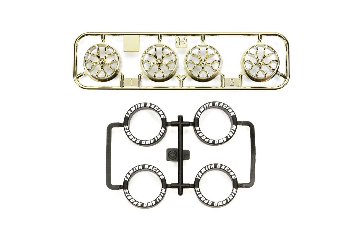 Mini 4WD PL Tire/Plated Wheel Set, Gold Plated (Y-Spoke)